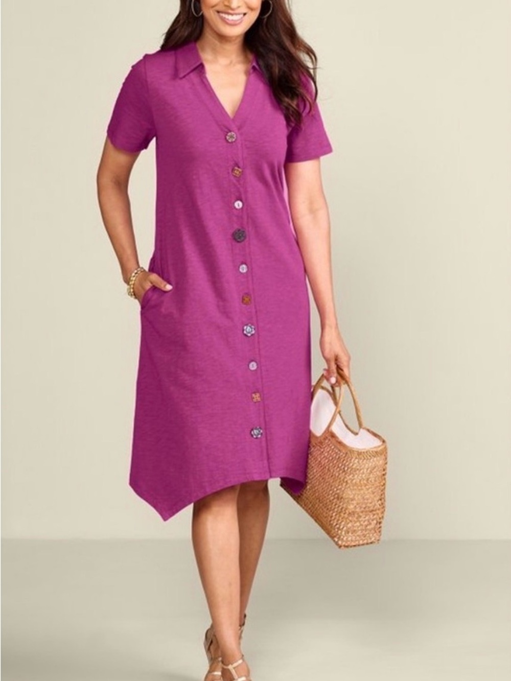 Soft Surroundings 100% cotton fuschia mixed button down midi dress Size XSP